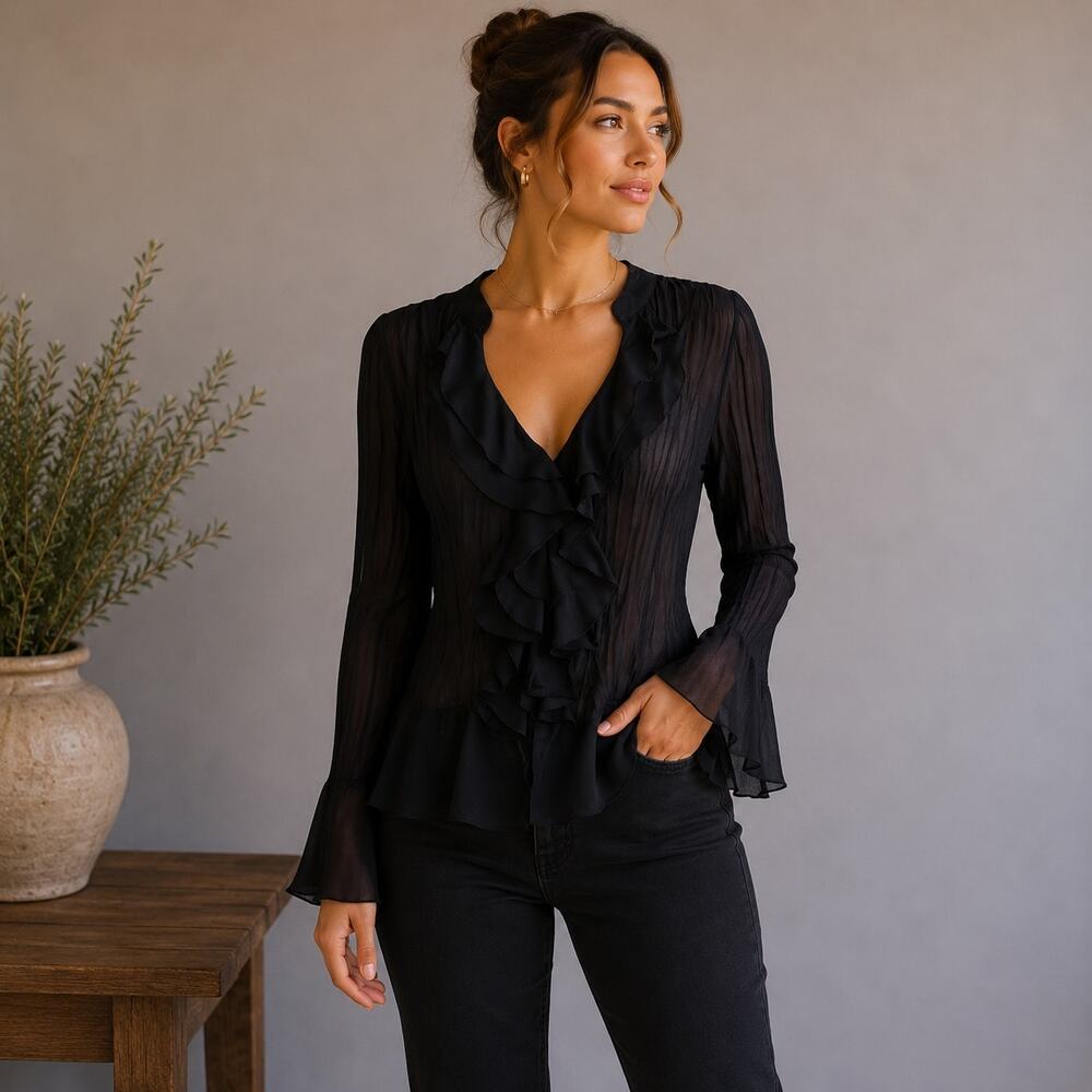 Vintage Black Bethany Ruffle Sheer top Large